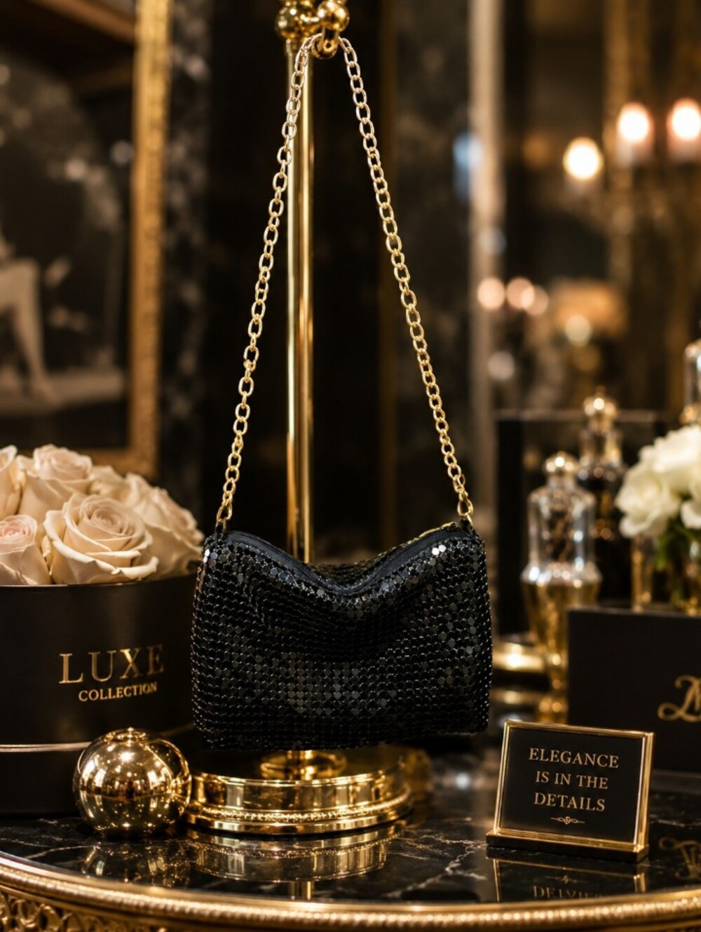 Black Sequin Chain Shoulder Bag - Luxe Evening Clutch ✨ 🖤